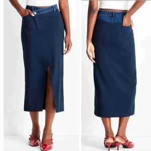 NWT Denim Maxi Skirt, two-tone, criss-cross, XL, Future Collective